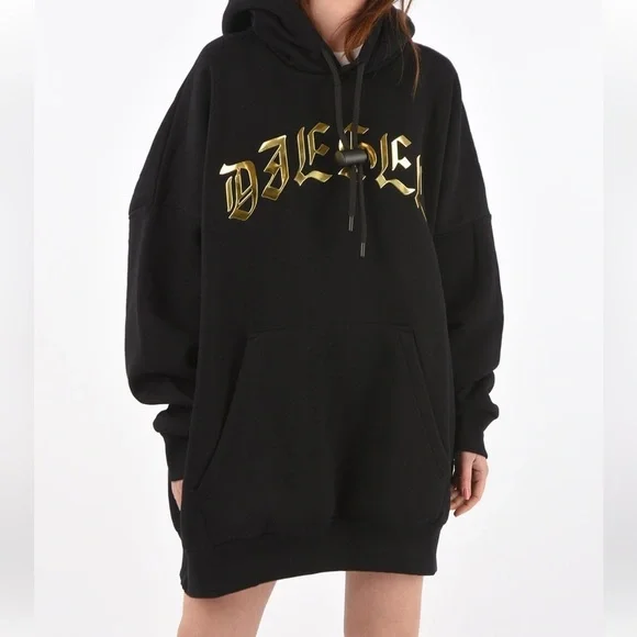 DIESEL Hooded  D-OXI-A1 Sweater Dress Size Small  Black With Bold Gold Logo NWT! - Picture 14 of 14